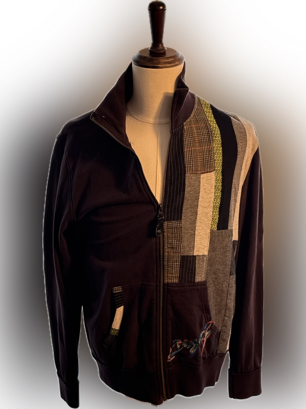 Desigual Mens Large Brown Patchwork Zip Jacket Embroidered Logo Size L